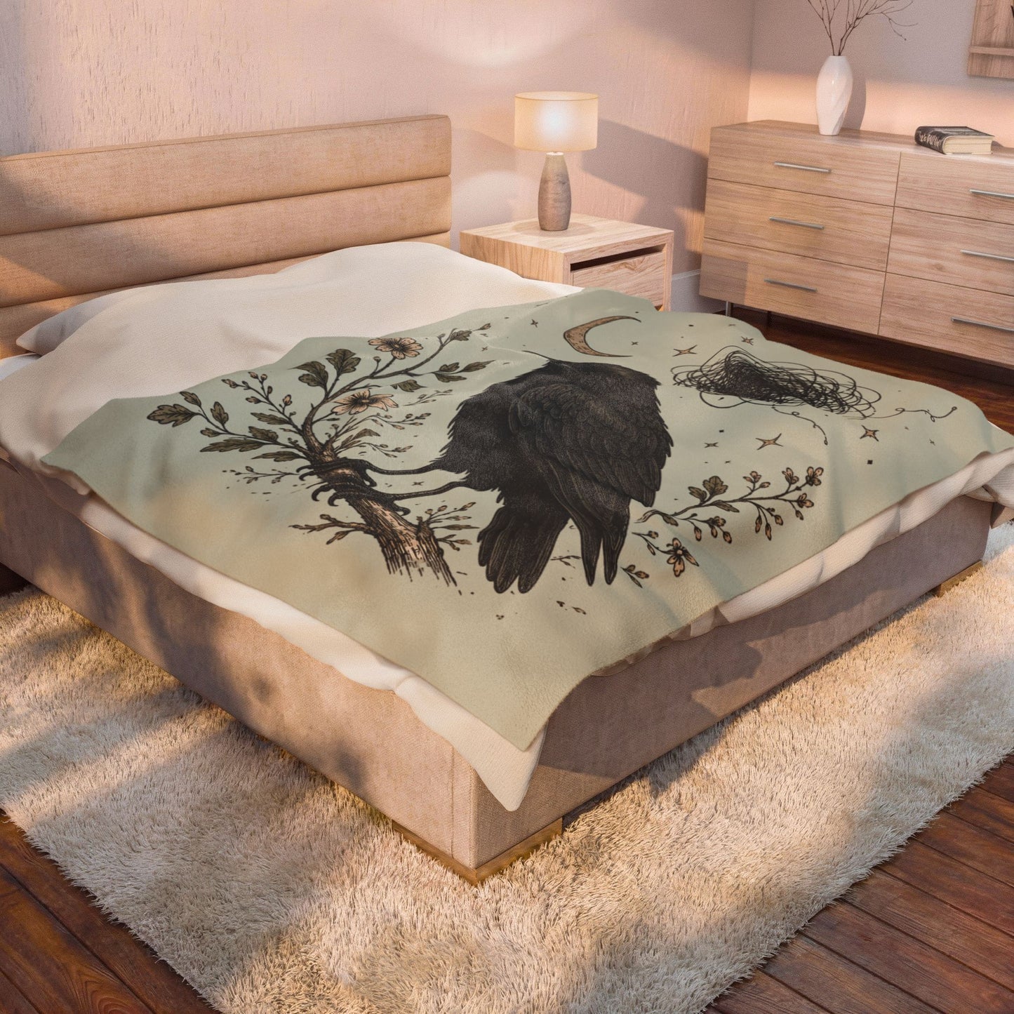 Gothic Crow Velveteen Plush Blanket Raven Moon Illustration Throw