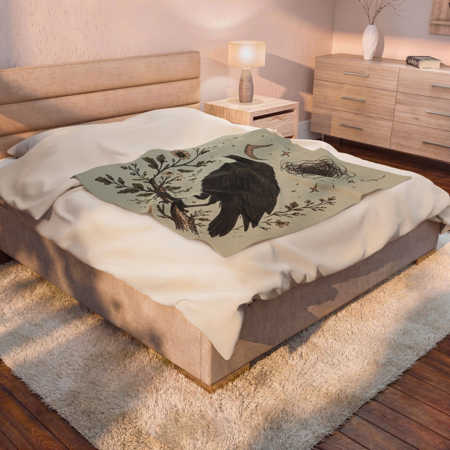 Gothic Crow Velveteen Plush Blanket  Raven Moon Illustration Throw