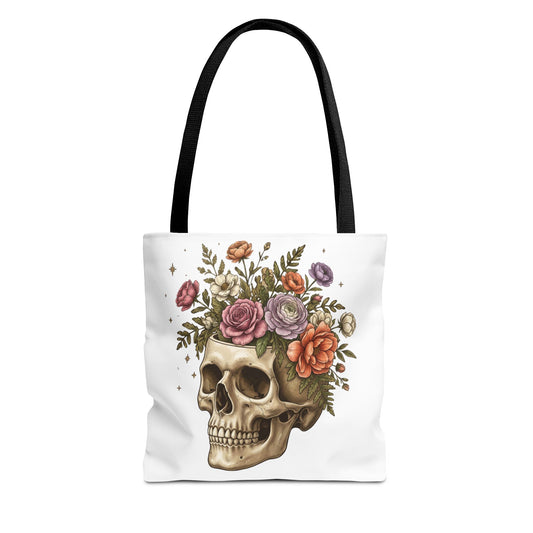 Floral Skull Tote Bag Boho Gothic Floral Skull Canvas Tote
