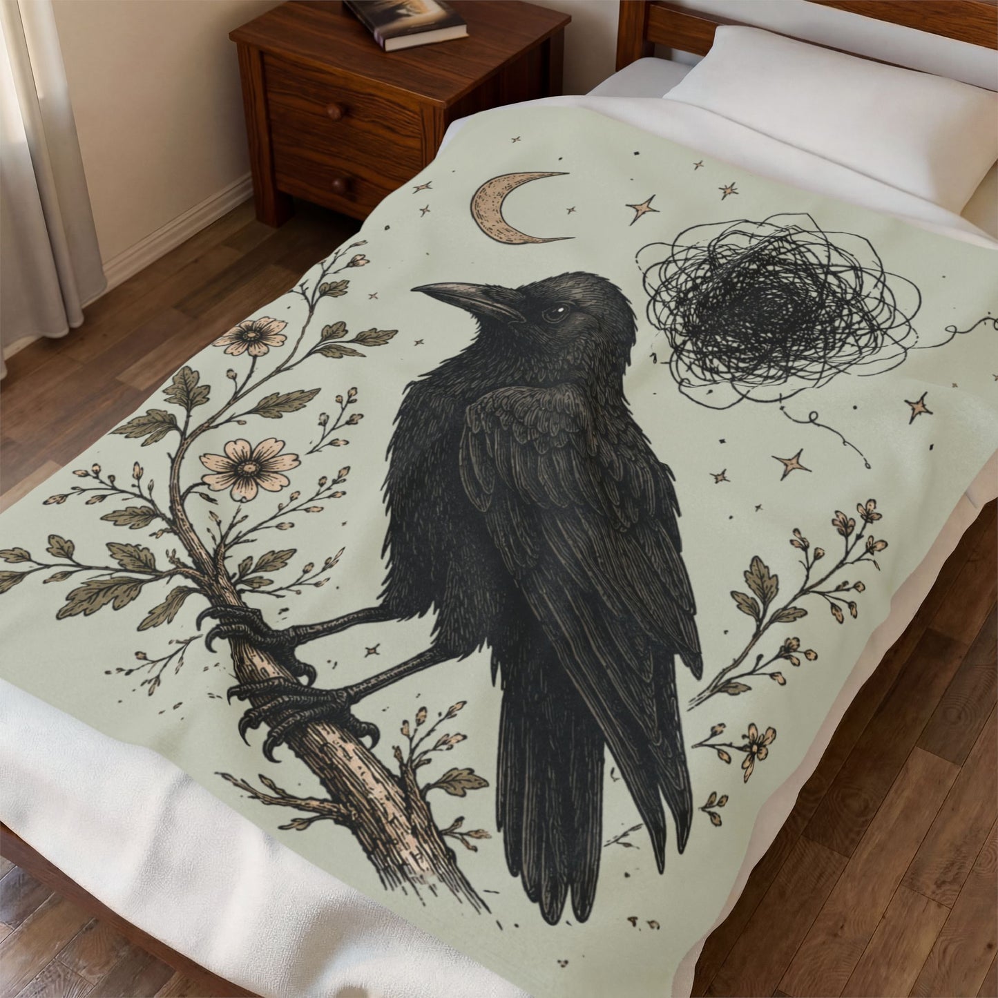 Gothic Crow Velveteen Plush Blanket  Raven Moon Illustration Throw
