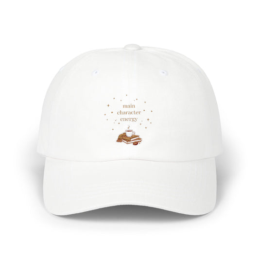Dad Cap  “Main Character Energy” Minimal Embroidered White Baseball Hat