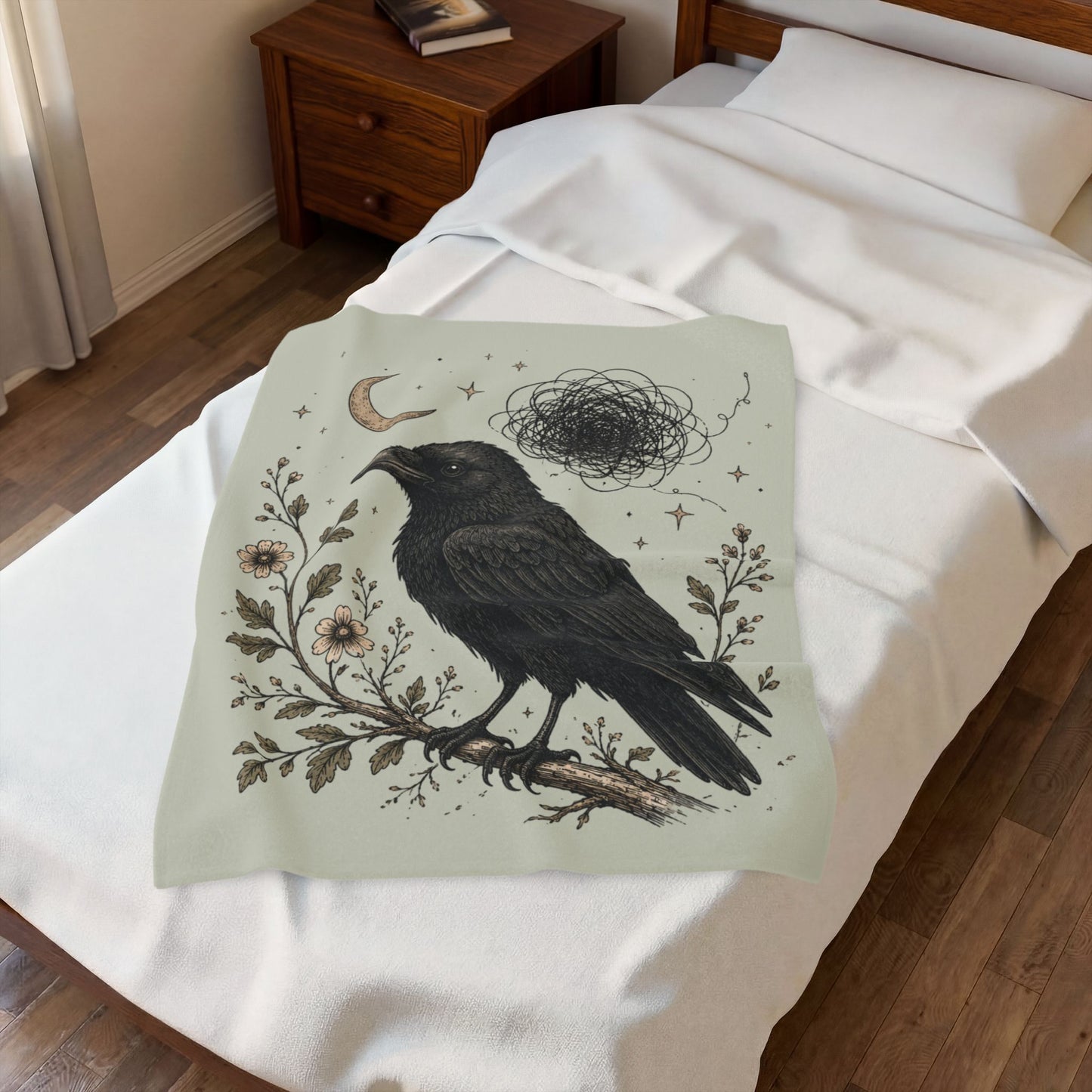 Gothic Crow Velveteen Plush Blanket  Raven Moon Illustration Throw