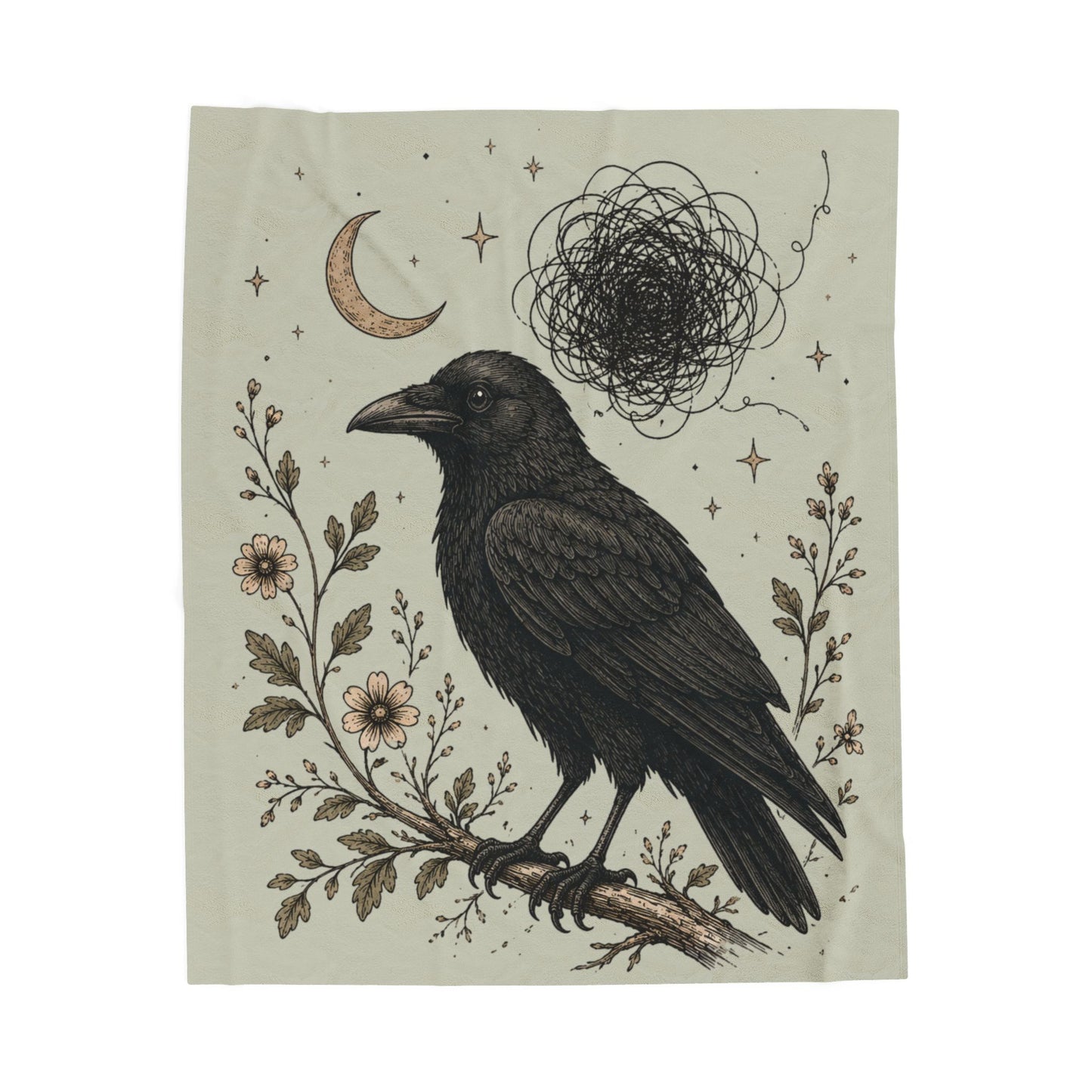 Gothic Crow Velveteen Plush Blanket  Raven Moon Illustration Throw