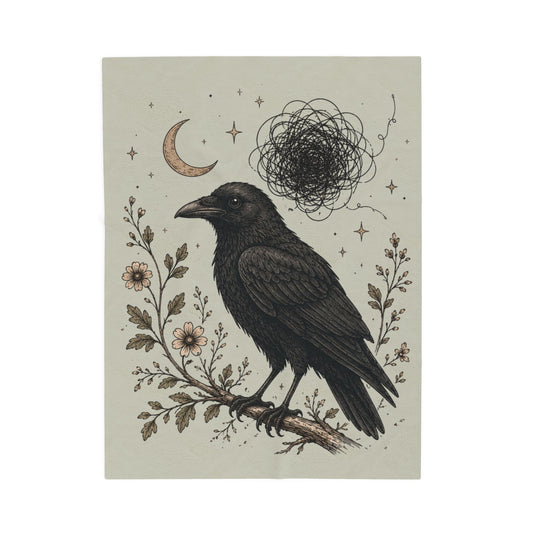 Gothic Crow Velveteen Plush Blanket  Raven Moon Illustration Throw