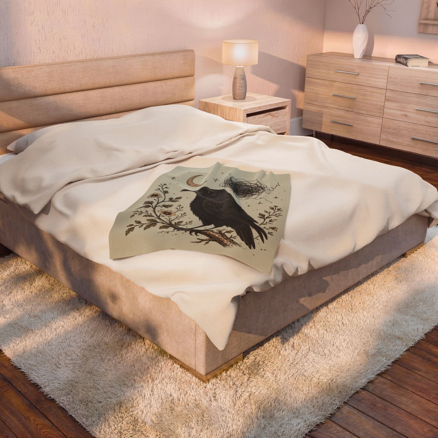 Gothic Crow Velveteen Plush Blanket  Raven Moon Illustration Throw