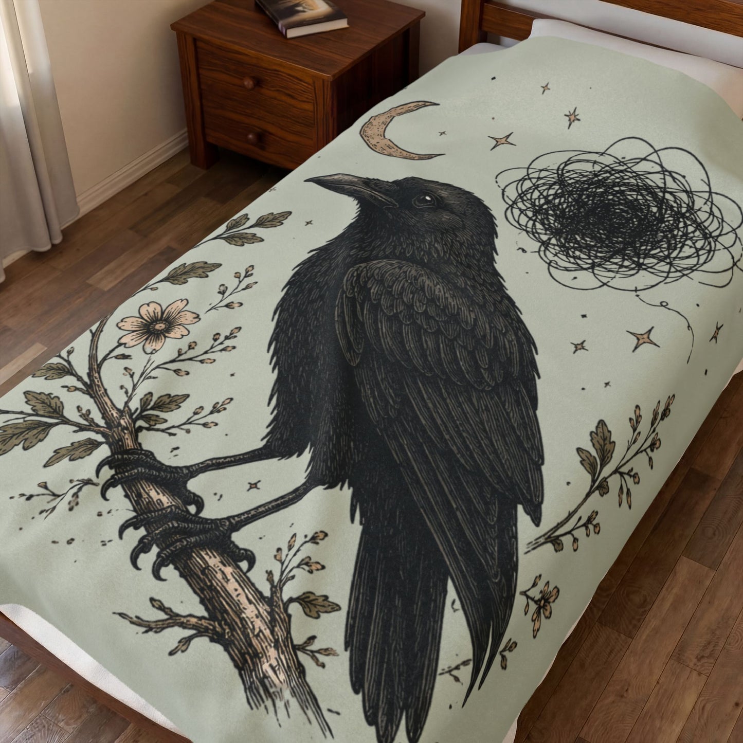 Gothic Crow Velveteen Plush Blanket  Raven Moon Illustration Throw
